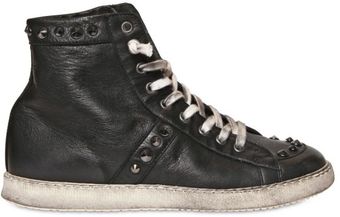  Leather Studs Dirty Effect High Sneakers 
