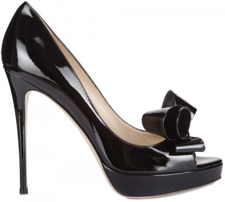 Valentino 120mm Patent Bow Open Toe Pumps in Black - Lyst