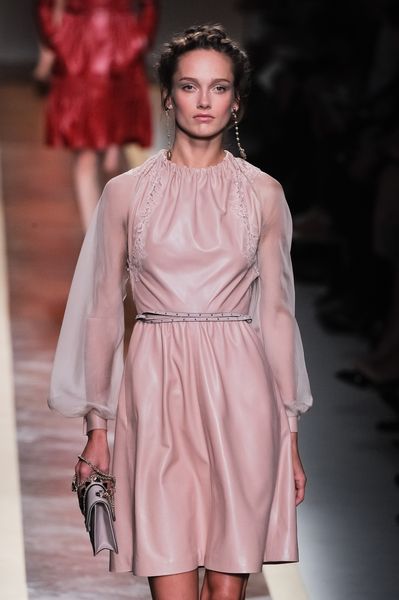 Valentino Spring 2012 Leather Dress With Sheer Sleeves And Skinny Belt in Pink - Lyst