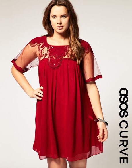 Asos Collection Asos Curve Shift Dress with Embellished Mesh and Trim in Red (rumbared) - Lyst
