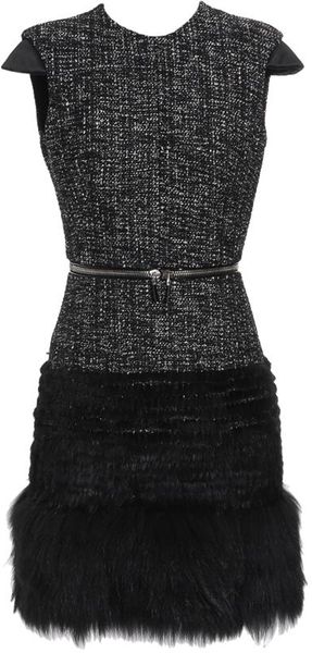 Alexander McQueen Bouclé Tweed Wool Blend Dress with Mink Fur Trim - Lyst