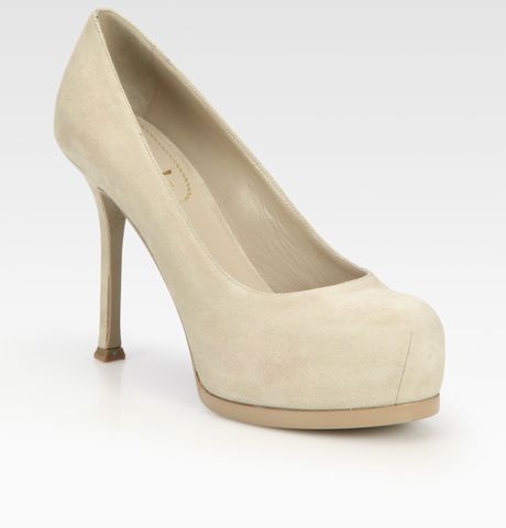 Yves Saint Laurent Ysl Trib Too Suede Platform Pumps in Beige (biancocrema) - Lyst