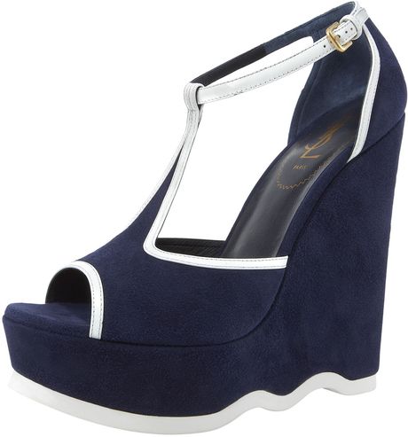 Yves Saint Laurent Twotone Wavywedge Tstrap in Blue (white) - Lyst