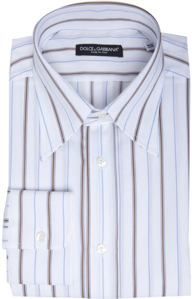 Dolce And Gabbana White And Brown Cotton Striped Point Collar Dress Shirt In Blue For Men White