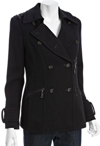  Black Ribbed Wool Blend Double Breasted Peacoat 
