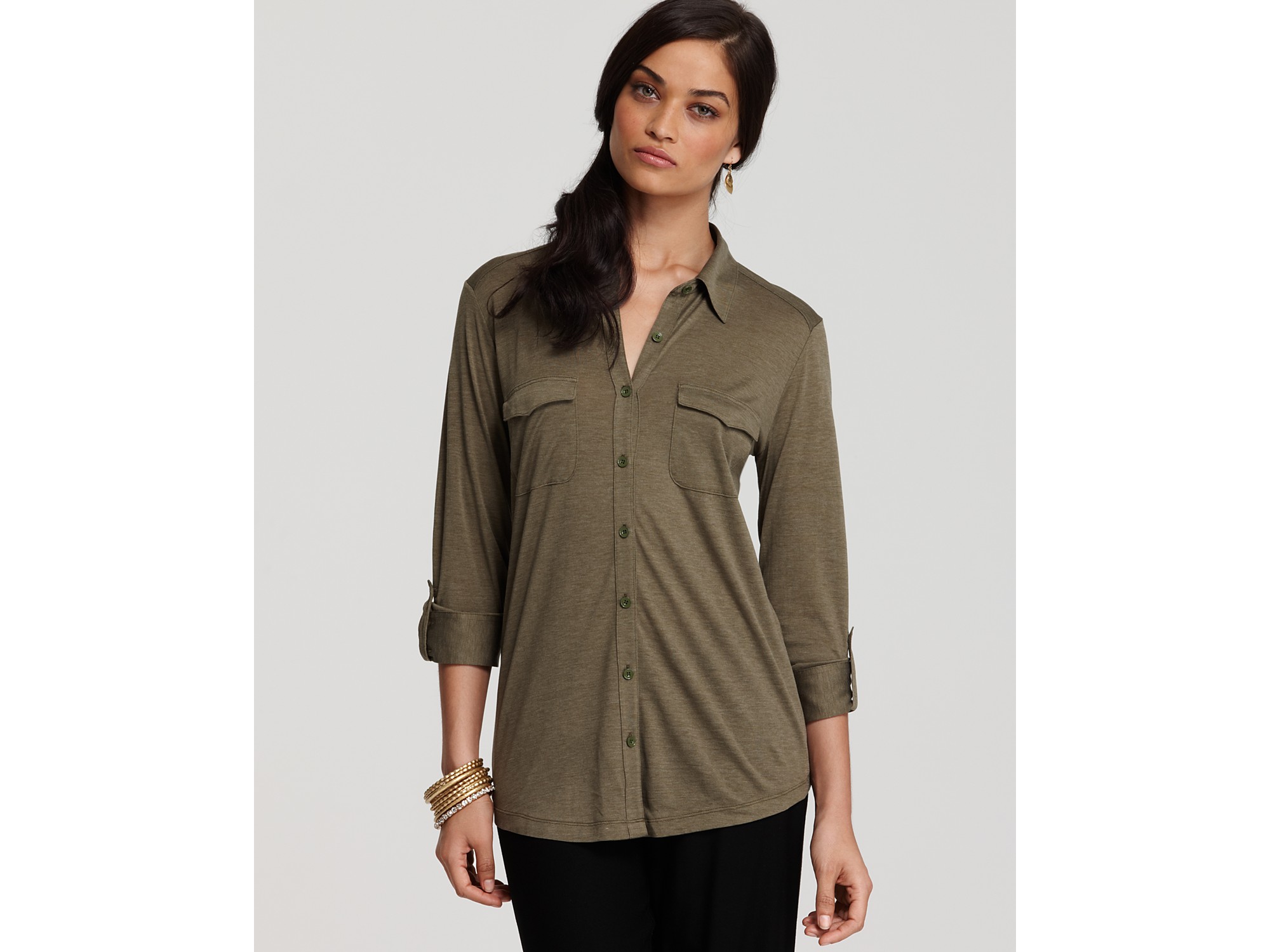 Eileen Fisher Long Sleeve Silk Cotton Jersey Button Front Shirt in