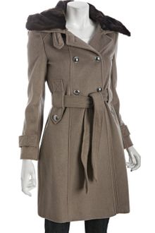 Tahari Mink Wool Blend Faux Fur Collar Double Breasted Belted Phoebe Coat - Lyst