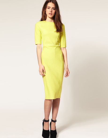 Asos Collection Asos Pencil Dress in Quilted Ponti in Yellow | Lyst