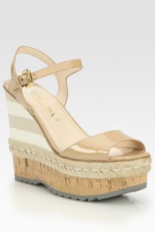 Prada Patent Leather Espadrille Wedge Sandals - Lyst