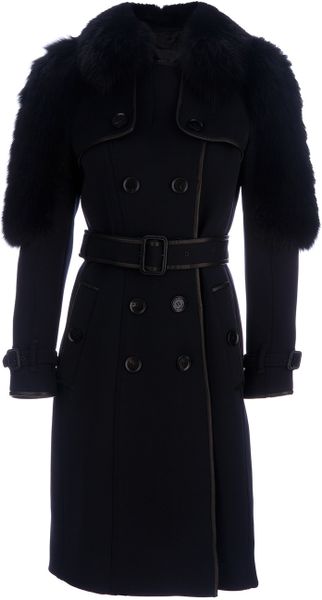 Burberry Prorsum Fox Fur Detail Trenchcoat in Blue - Lyst