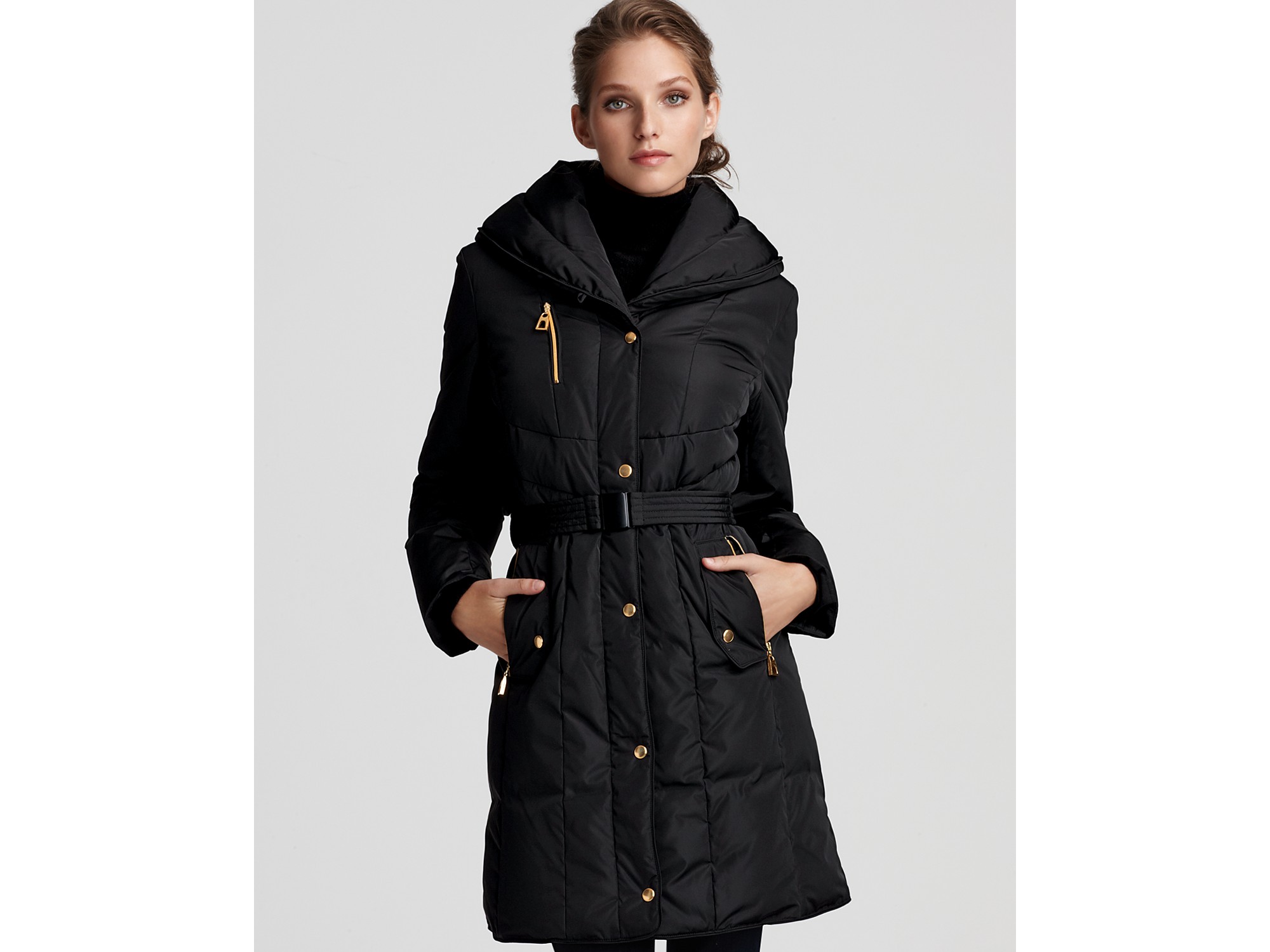 Cole Haan Belted Puffer Coat in Black | Lyst