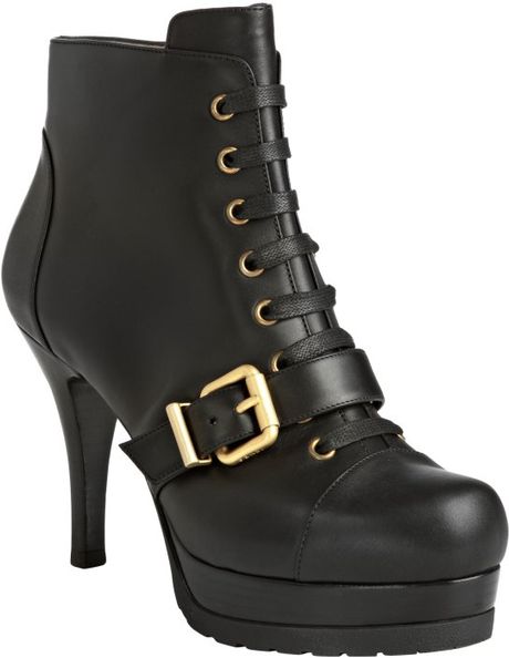 Fendi Black Leather Lace Up Buckle Booties in Black - Lyst