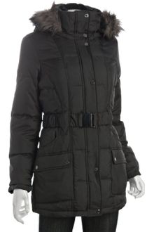 Calvin Klein Black Quilted Belted Faux Fur Hooded Down Coat - Lyst