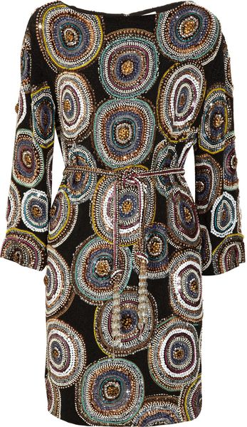 Marchesa Beaded Silk Dress in Multicolor (black) - Lyst