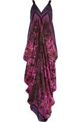 Roberto Cavalli Draped Floral-Print Silk-Chiffon Gown