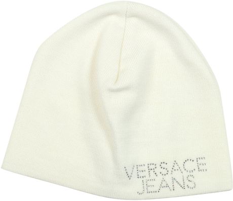 Versace Crystal Signature Wool Cap in White - Lyst