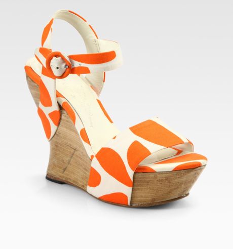 Alice + Olivia Joyce Printed Canvas Wrap Wedge Sandals in Orange - Lyst