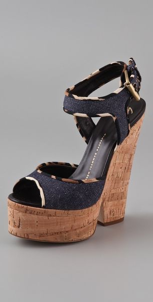 Giuseppe Zanotti Cork Cutout Wedge Sandals in Blue (denim) - Lyst