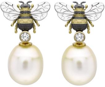 Theo Fennell Yellow Gold & Fresh Water Pearl & Diamond Bee Drop Earrings - Lyst