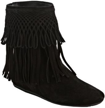  Black Suede Fringe Flat Ankle Boots 