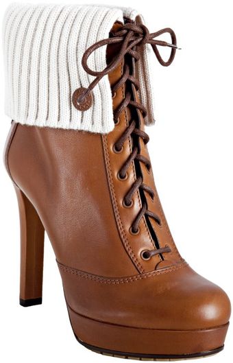  Brown Leather Rib Knit Trim Lara Platform Booties 