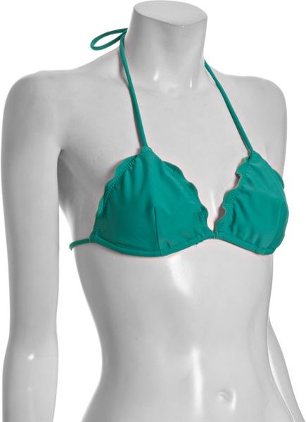 Shoshanna Teal Sliding Triangle Ruffle Trim Halter Bikini Top in Green (teal) - Lyst