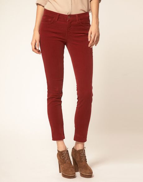 J Brand Mid Rise Skinny Ankle Cord Jeans In Black Cherry in Red (blackcherry) - Lyst
