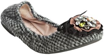  Grey Check Print Faux Fur Jeweled Ballet Flats 