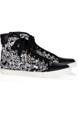 Lanvin Diamond-print Canvas and Leather High-top Sneakers