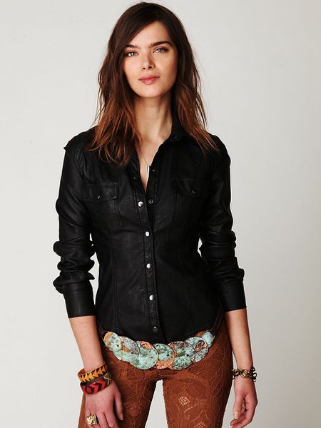 Free People Vegan Leather Buttondown in Black - Lyst