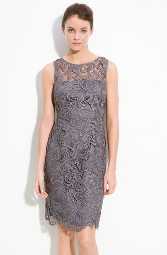 Adrianna Papell Illusion Bodice Lace Sheath Dress - Lyst