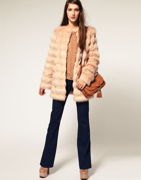 Asos Collection Asos Stripe Faux Fur Coat in Pink | Lyst