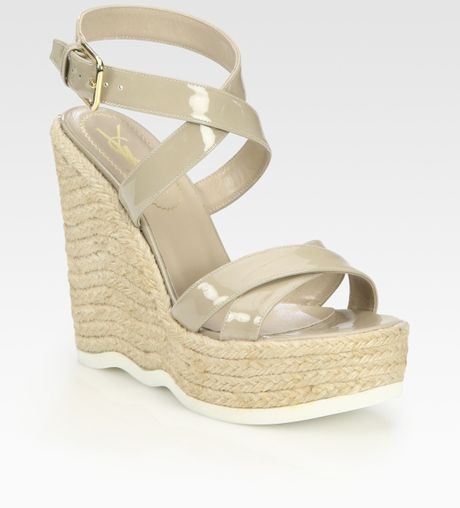 Yves Saint Laurent Patent Leather Espadrille Wedge Sandals in Beige (biancocrema) - Lyst