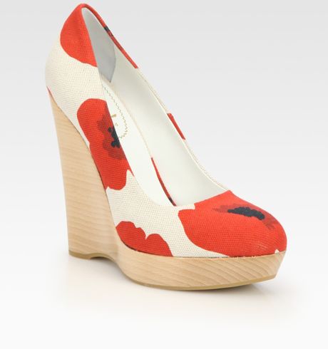 Yves Saint Laurent Floral Canvas Platform Wedge Pumps in Beige (ivory) - Lyst