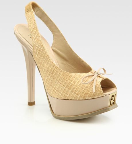 Fendi Sta Woven Straw Peep Toe Slingback Platform Pumps in Yellow (nude) - Lyst