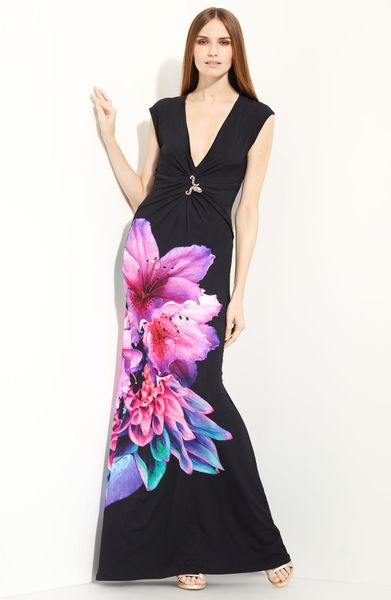 Roberto Cavalli Floral Print Jersey Gown in Black - Lyst