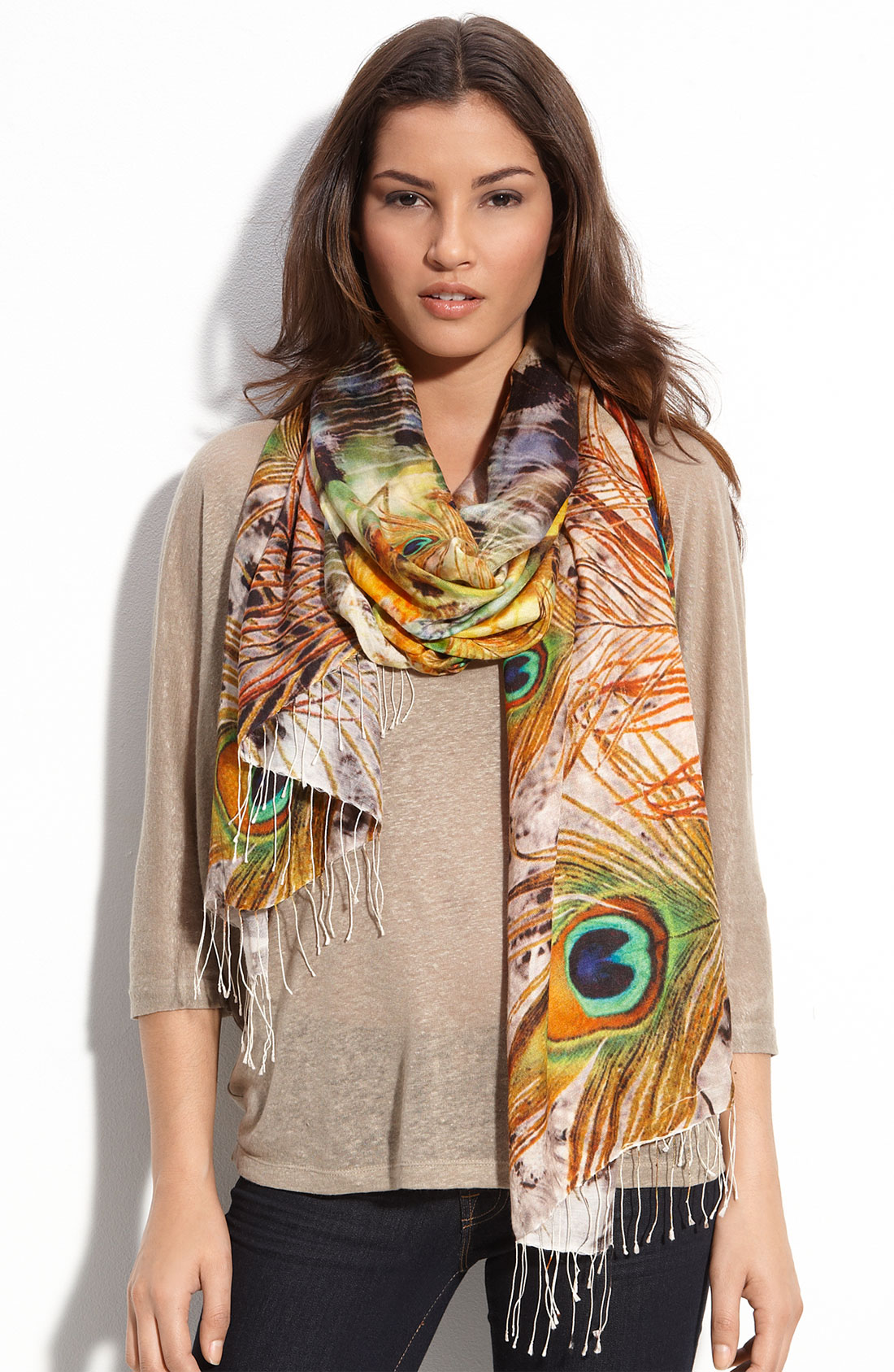 Tolani Feather Silk Scarf in Orange (green) | Lyst