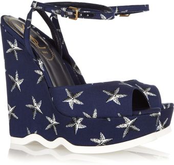Yves Saint Laurent Riviera Starfish-print Canvas Wedge Sandals - Lyst