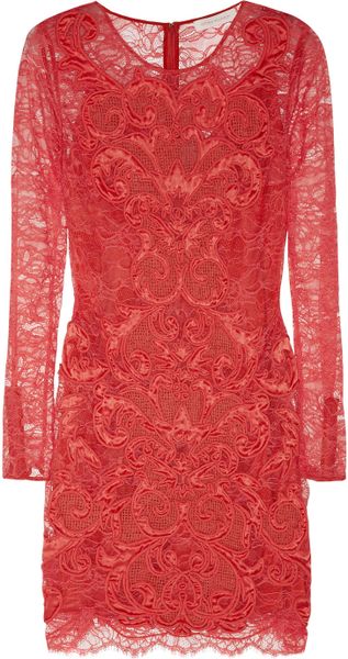 Matthew Williamson Rainbow Satin and Crochetappliquéd Lace Dress in Pink (coral) - Lyst