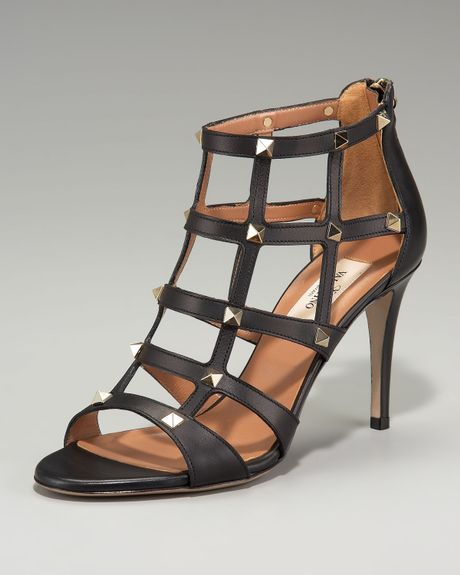 Valentino Rockstud Mid-heel Cage Sandal in Black | Lyst