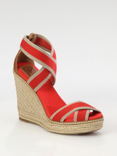 Tory Burch Adonis Canvas  Leather Espadrille Wedge Sandals in Khaki ...