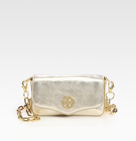 Tory Burch Foldover Metallic Leather Mini Bag in Black (black-pewter) - Lyst