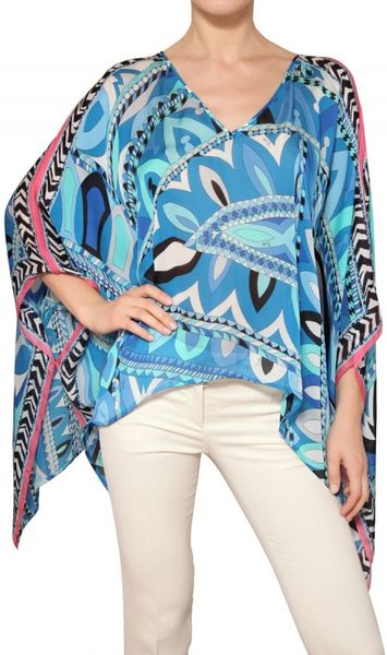 Emilio Pucci Printed Woven Silk Top in Blue (multi) - Lyst