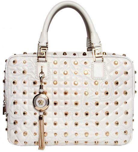Versace Baroque Stitch Studded Nappa Top Handle in White (grey) - Lyst