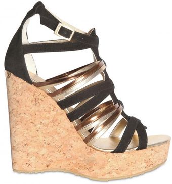 Jimmy Choo 130mm Pekabo Suede & Metallic Leather Wedges - Lyst