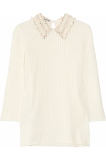 Miu Miu Embellished-collar Cable-knit Cotton Sweater - Lyst