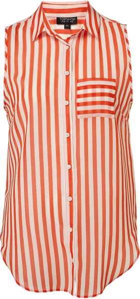 Topshop Slit Back Stripe Shirt in Orange - Lyst