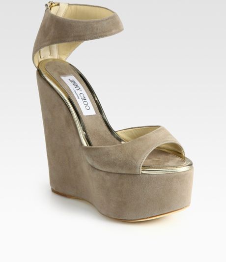 Jimmy Choo Topaz Suede & Metallic Leather Wedge Sandals in Gold (khaki) - Lyst