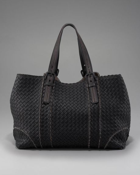 Bottega Veneta Topstitched Woven Leather Tote in Black - Lyst