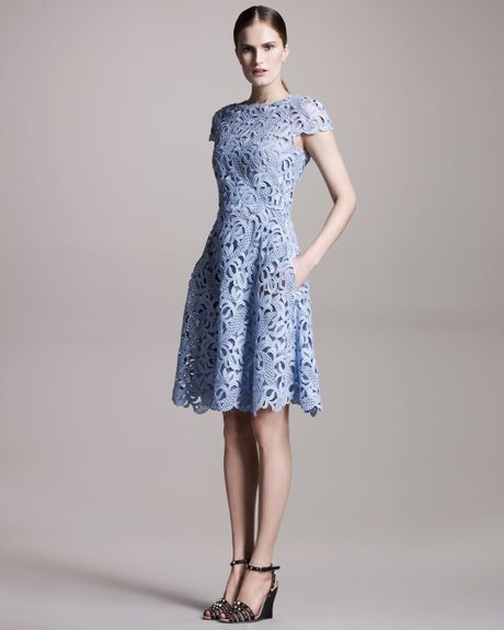 Valentino Cap-sleeve Lace Dress In Blue 